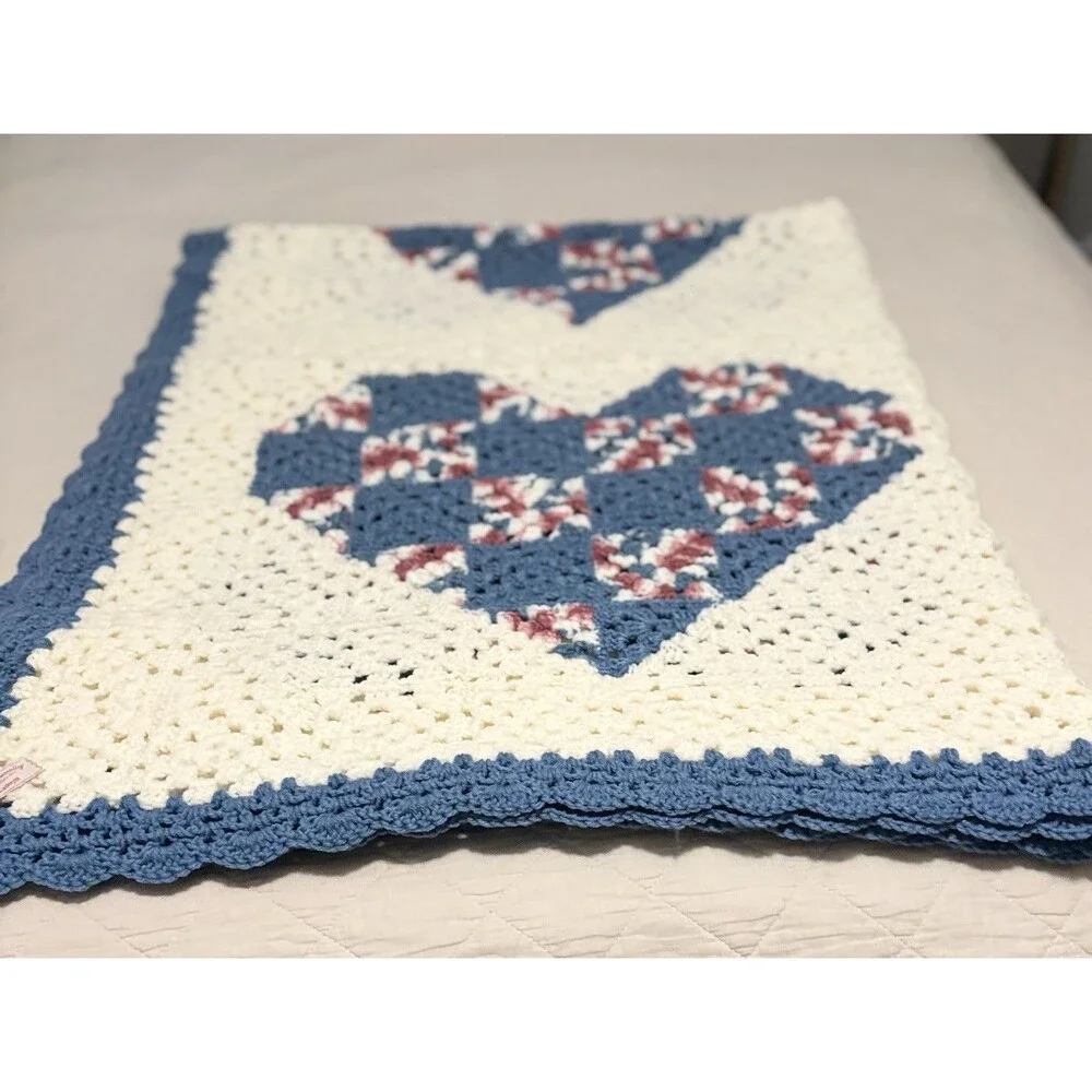 Handmade Crochet Granny Square Sofa Throw Blanket, Multicolor Vintage Hearts